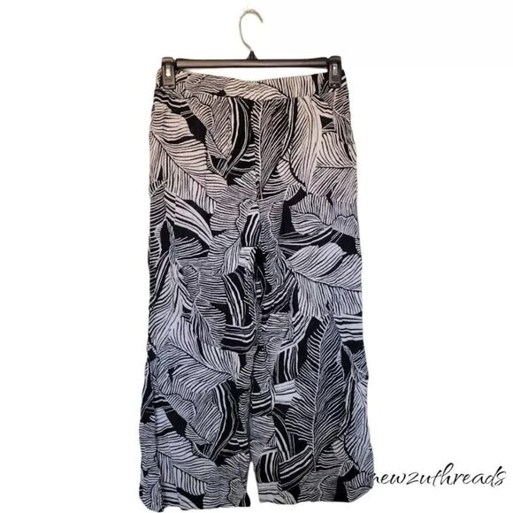 Susan Graver Soleil Gauze Wide Leg Crop Beach Flowy Pants XS Black Palm A602948 - Picture 2 of 8